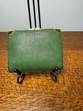 Givenchy Vintage Forest Green Saffiano Leather Wallet with Gold Corner Accents